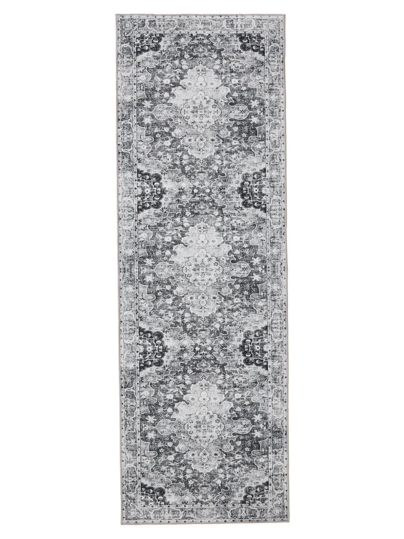 Tapis oriental vintage de couloir gris lavable 80x240 cm