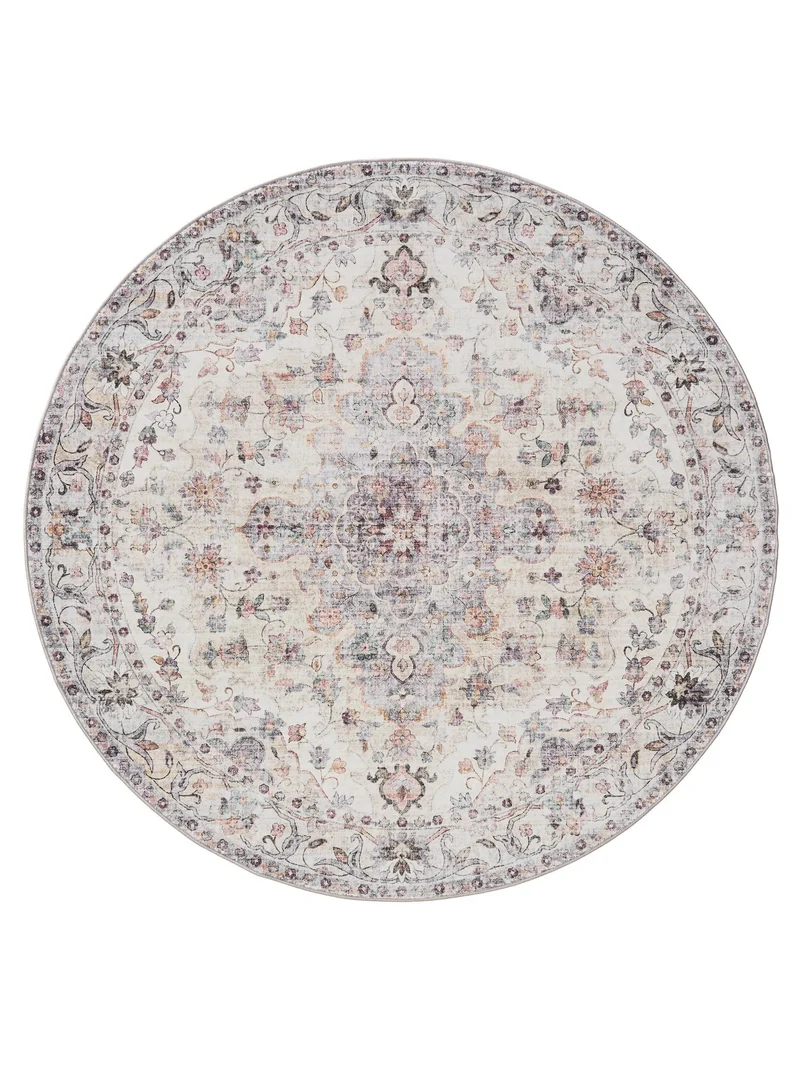Tapis oriental vintage rond multicolore et beige lavable 160 cm de diamètre