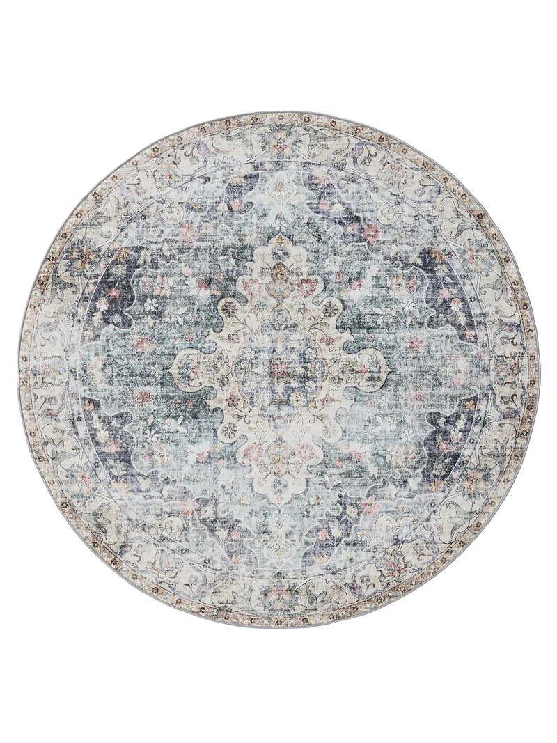 Tapis oriental vintage rond bleu lavable 160 cm de diamètre