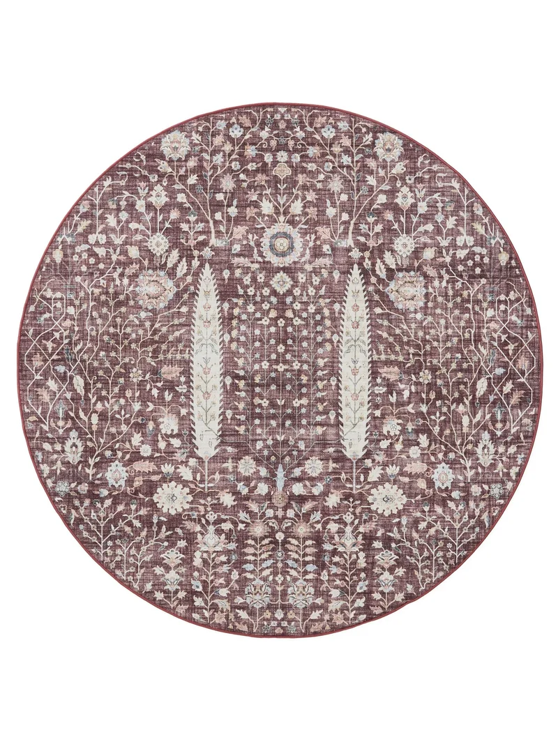 Tapis ethnique motif floral rond bordeaux lavable 120 cm de diamètre