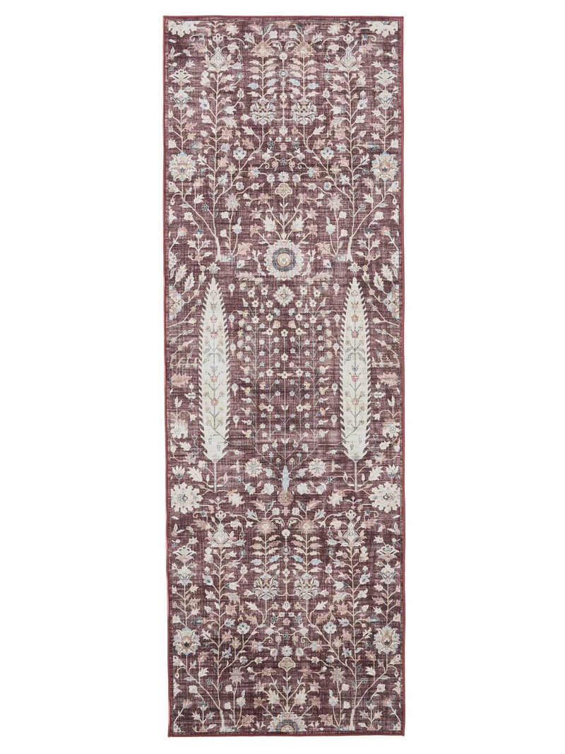 Tapis ethnique motif floral de couloir bordeaux lavable 80x240 cm
