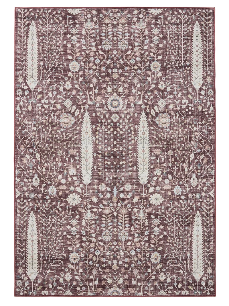 Tapis ethnique motif floral bordeaux lavable 160x230 cm