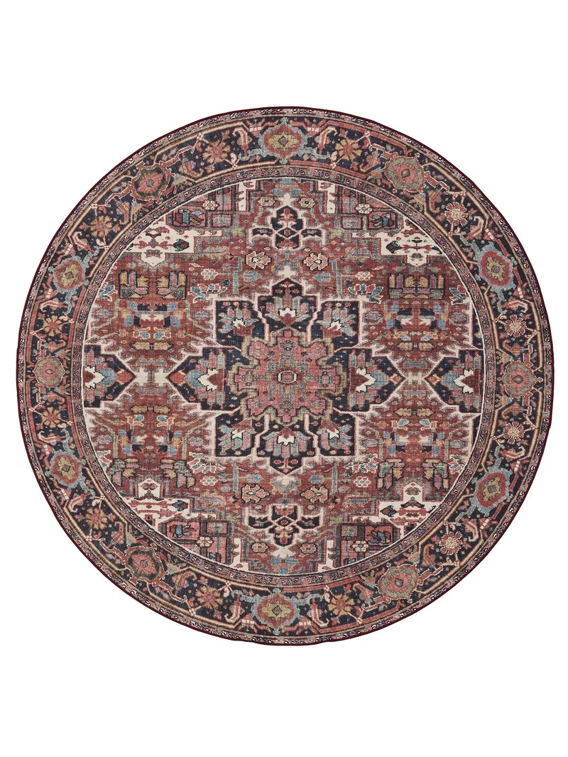 Tapis oriental rond multicolore tons rouges lavable 160 cm de diamètre