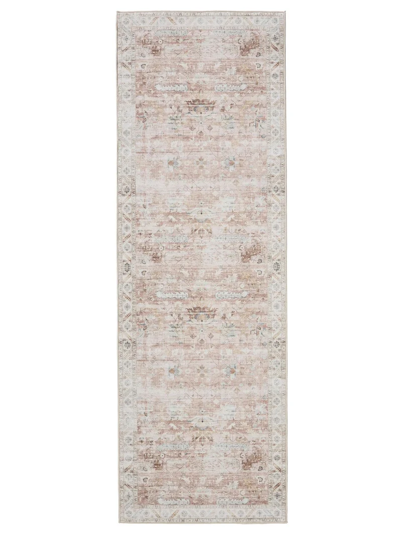 Tapis vintage motif floral de couloir beige lavable 80x240 cm