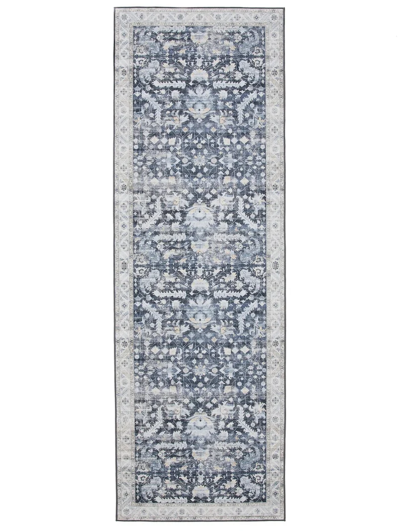 Tapis vintage motif floral de couloir bleu et beige lavable 80x240 cm