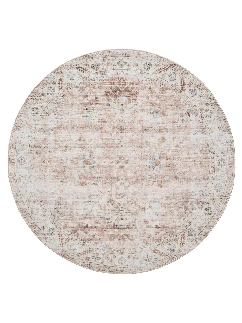 Tapis vintage motif floral rond beige lavable 120 cm de diamètre
