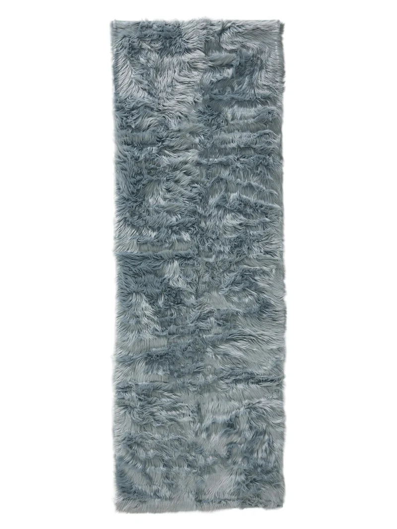 Tapis shaggy effet fourrure descente de lit bleu 80x240 cm