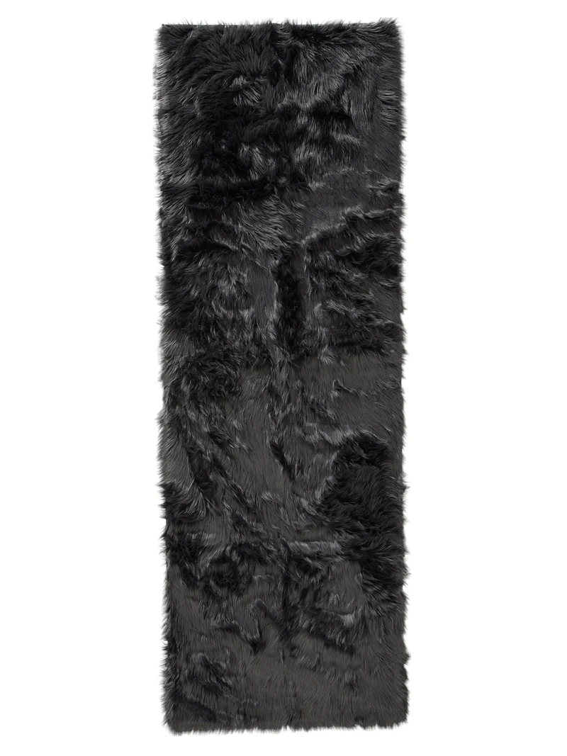 Tapis shaggy effet fourrure descente de lit noir charbon 80x240 cm