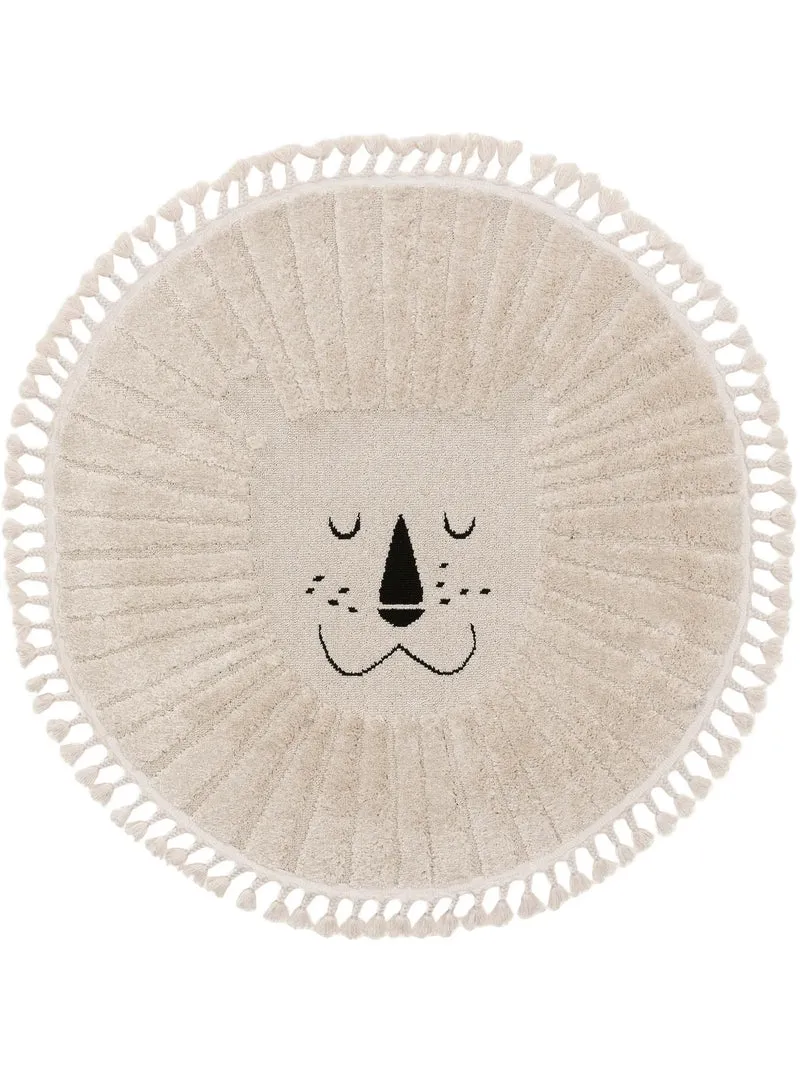Tapis scandinave motif animal lion rond enfant crème 120 cm de diamètre
