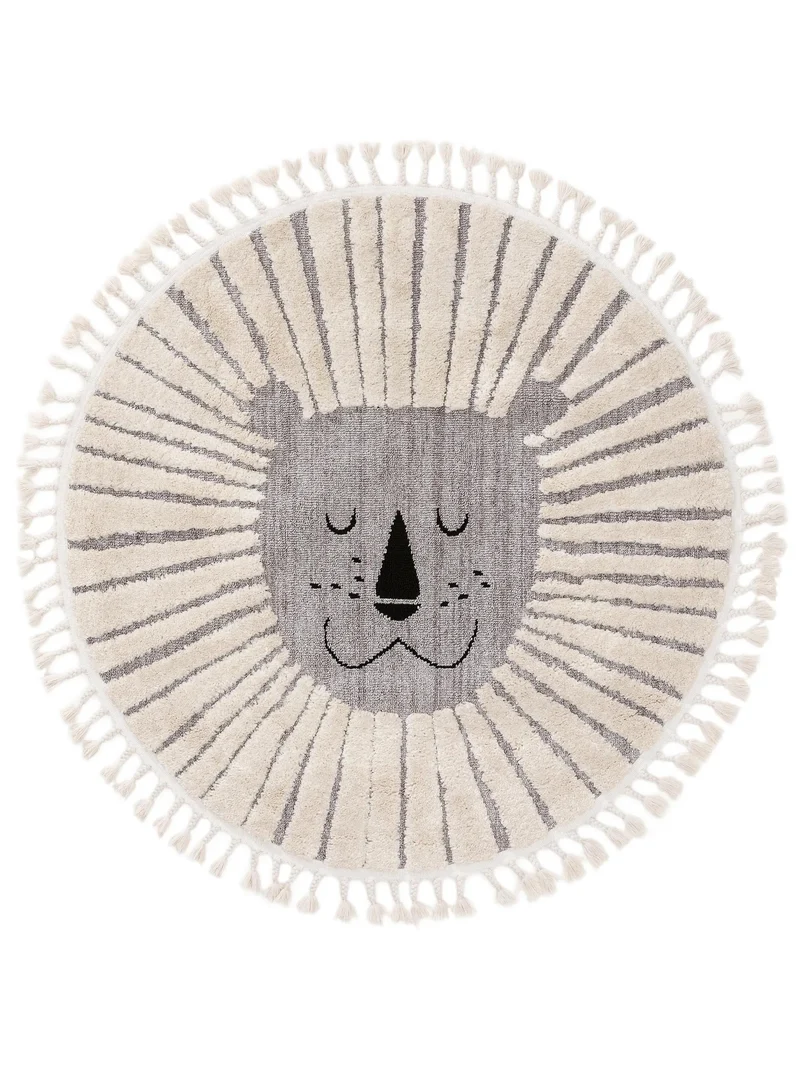 Tapis scandinave motif animal lion rond enfant gris 120 cm de diamètre