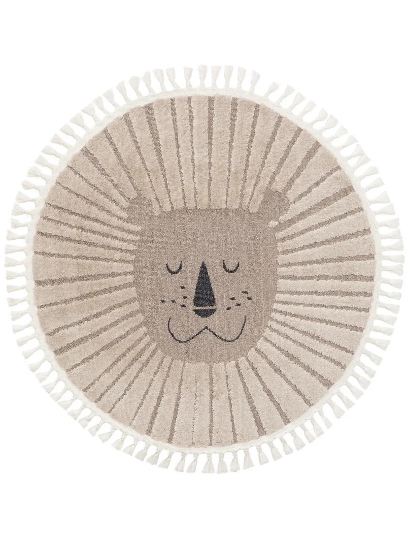 Tapis scandinave motif animal lion rond enfant beige 120 cm de diamètre