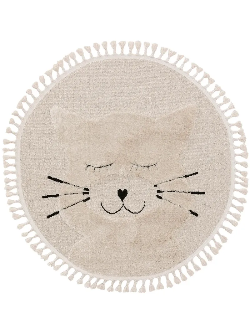 Tapis scandinave motif animal chat rond enfant crème 120 cm de diamètre