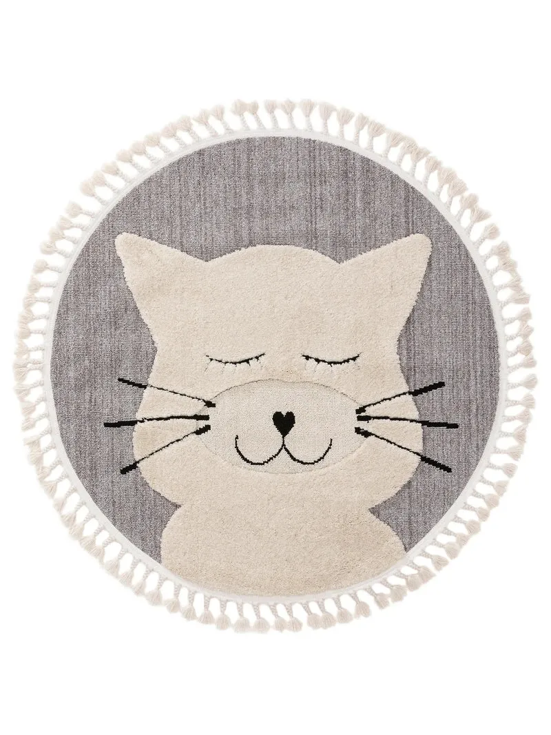 Tapis scandinave motif animal chat rond enfant gris 120 cm de diamètre