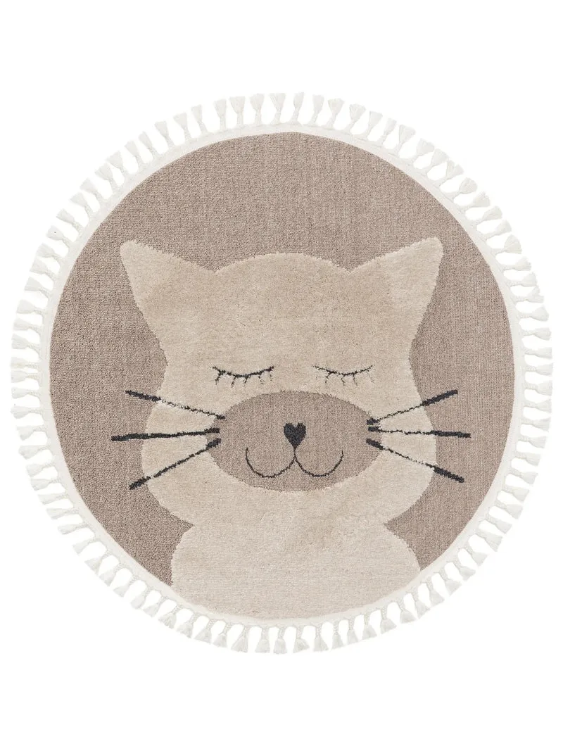 Tapis scandinave motif animal chat rond enfant beige 120 cm de diamètre