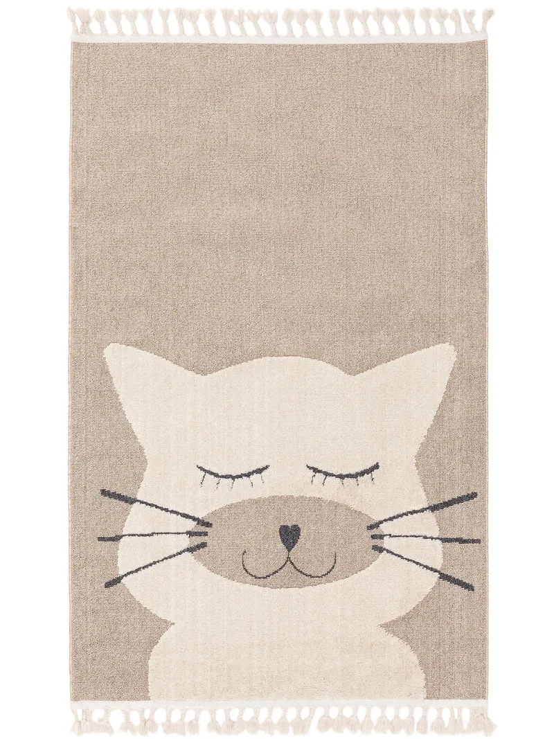 Tapis scandinave motif animal chat enfant beige 90x130 cm