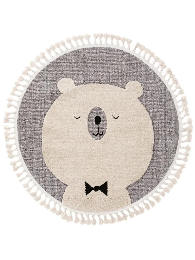 Tapis scandinave motif animal ourson rond enfant gris 120 cm de diamètre