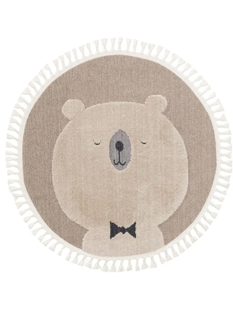 Tapis scandinave motif animal ourson rond enfant beige 120 cm de diamètre