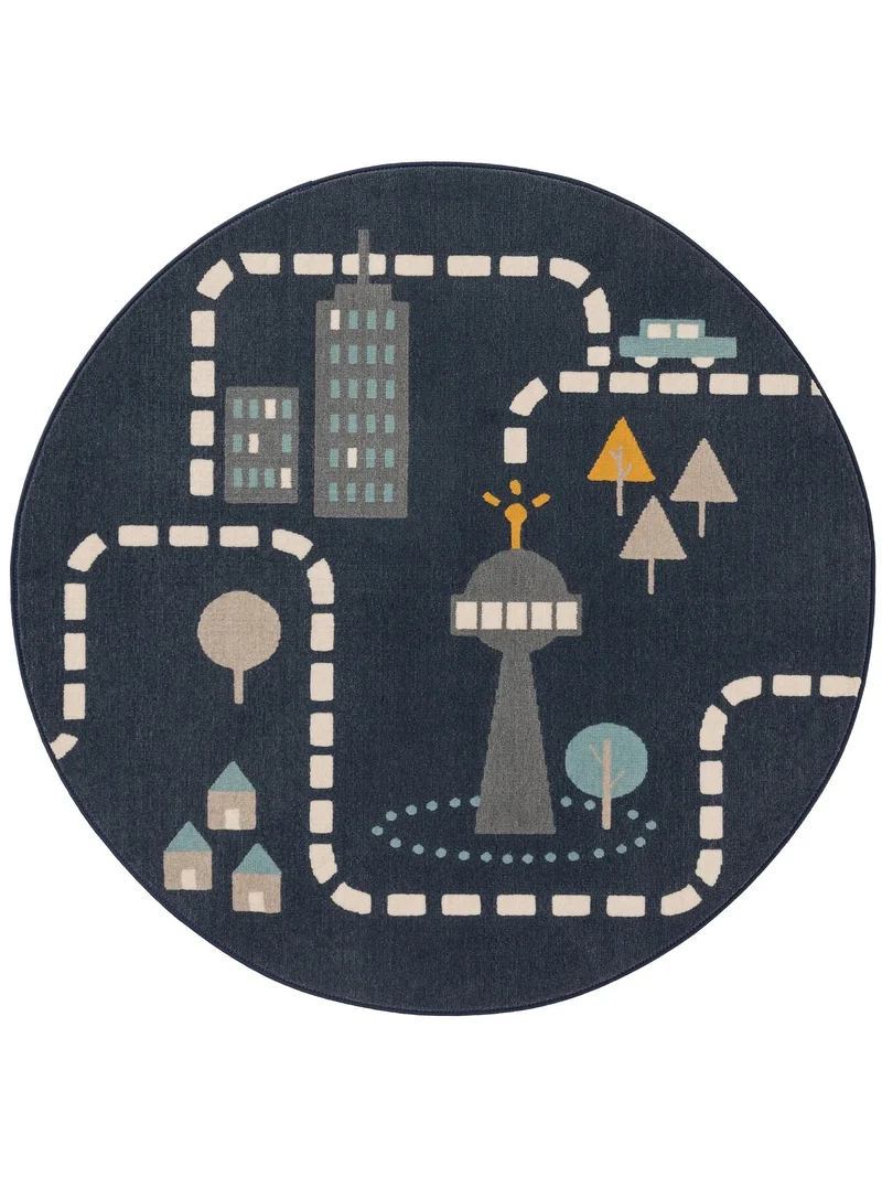 Tapis moderne dessin de ville rond enfant bleu 120 cm de diamètre