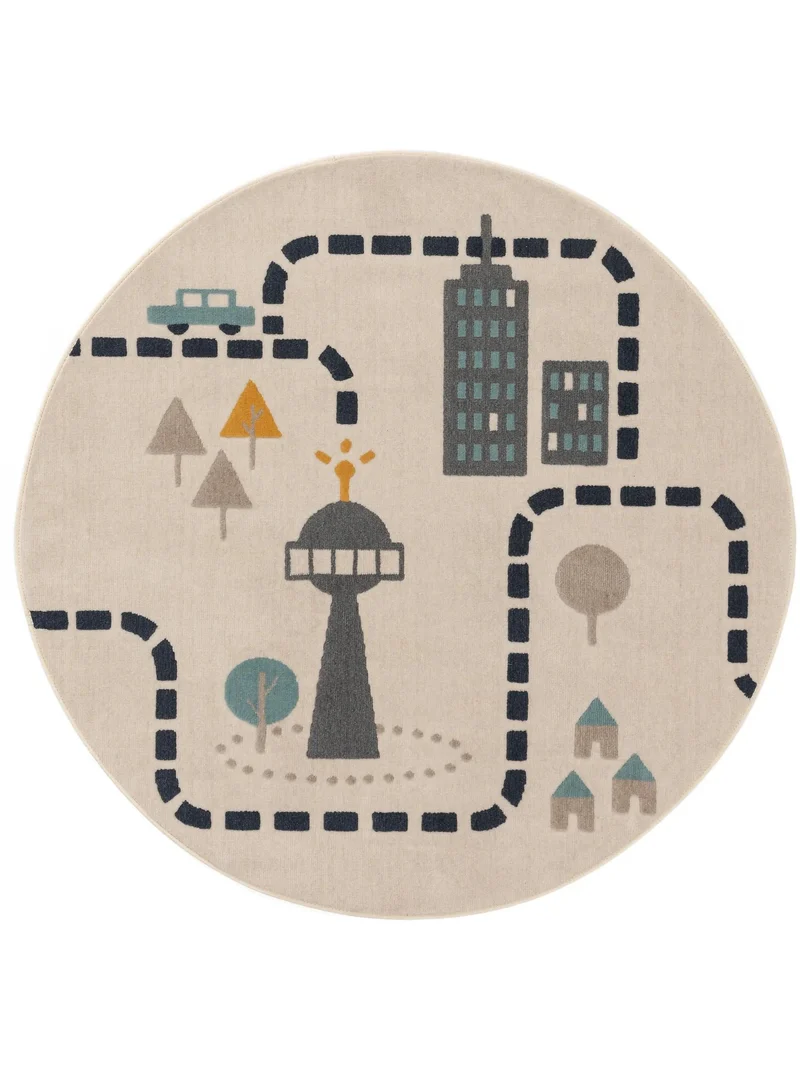 Tapis moderne dessin de ville rond enfant beige 120 cm de diamètre