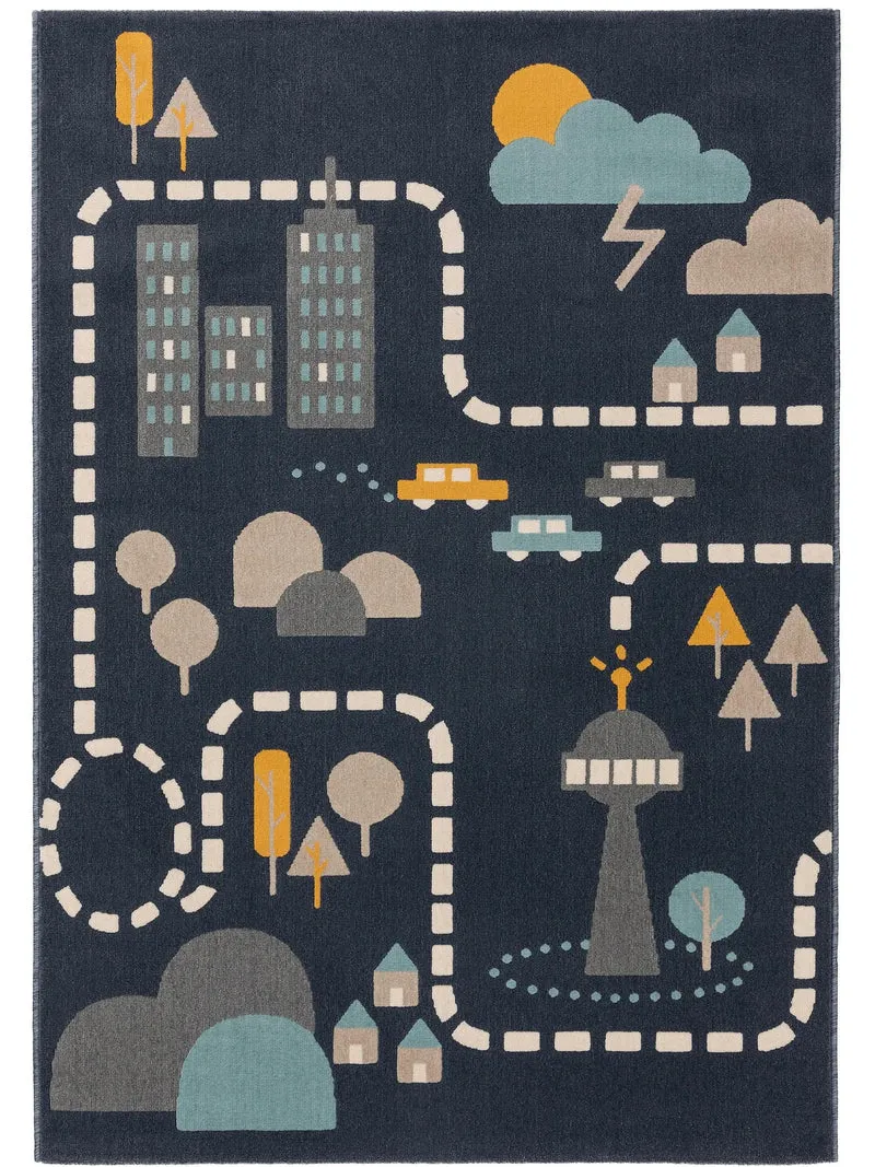 Tapis moderne dessin de ville enfant bleu 120x170 cm