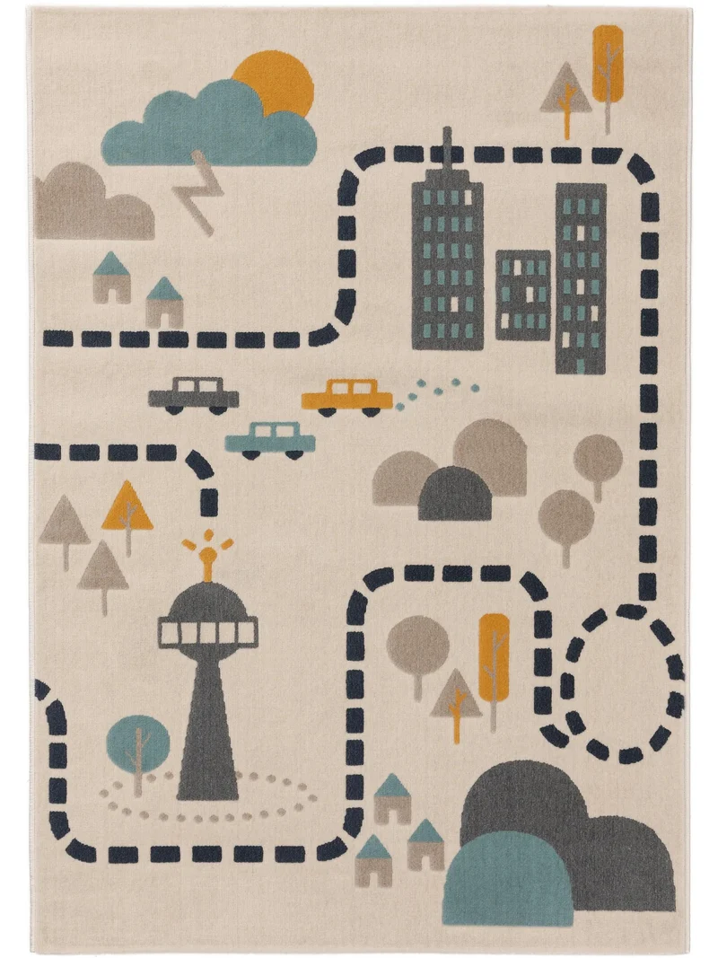Tapis moderne dessin de ville enfant beige 120x170 cm