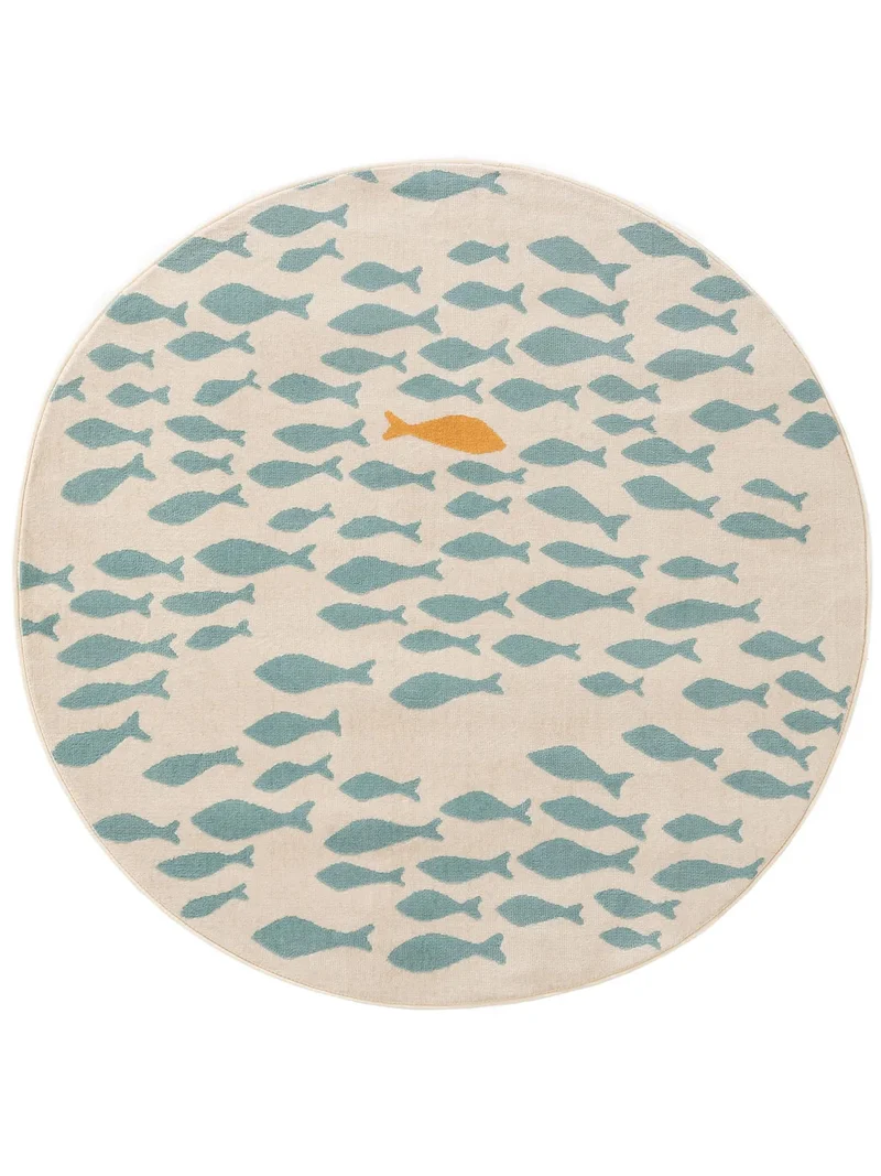 Tapis moderne motif animal poissons rond enfant beige et bleu 120 cm de diamètre
