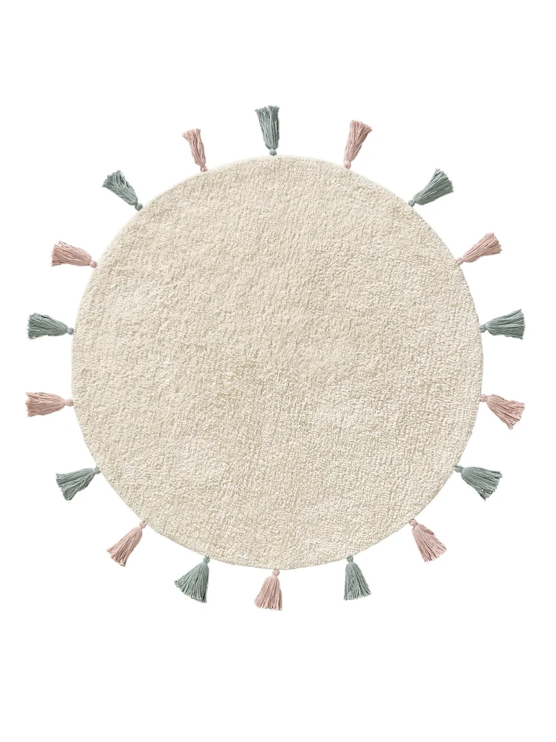 Tapis bohème à franges rond enfant crème en coton 100 cm de diamètre