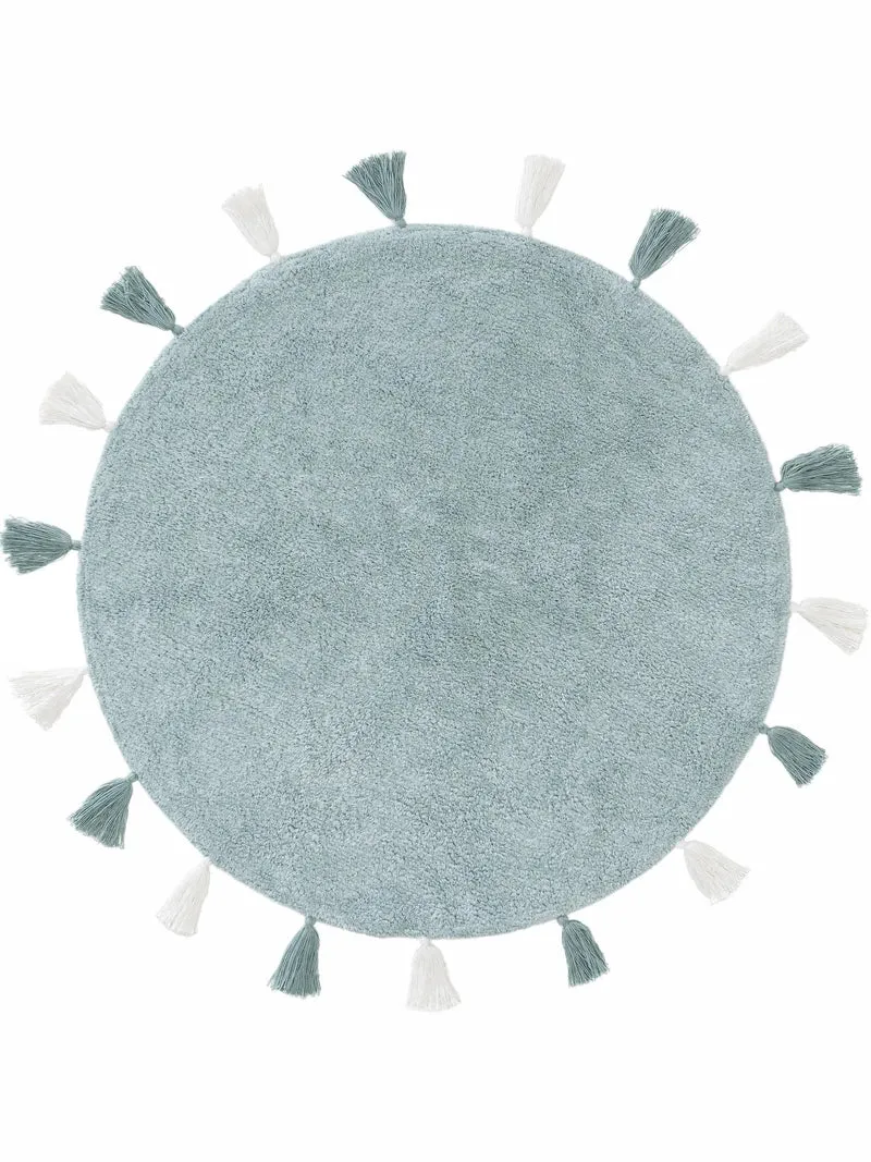 Tapis moderne à franges rond enfant bleu gris en coton 100 cm de diamètre