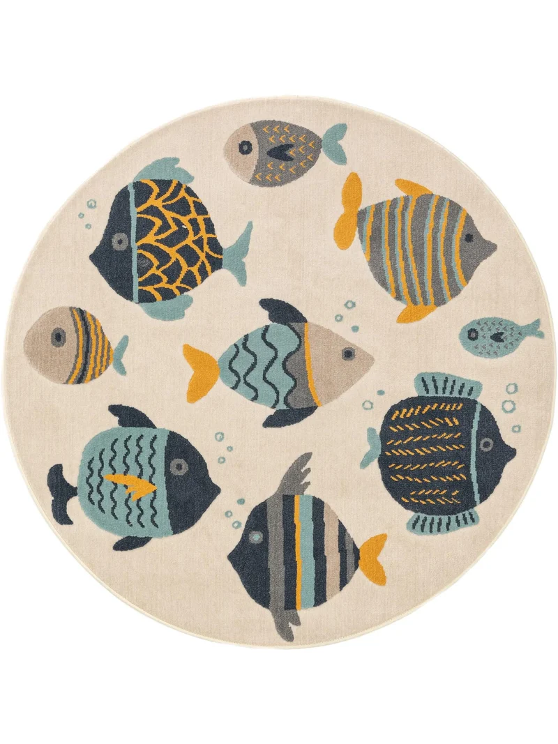 Tapis moderne motif animal poissons rond enfant beige bleu et orange 120 cm de diamètre