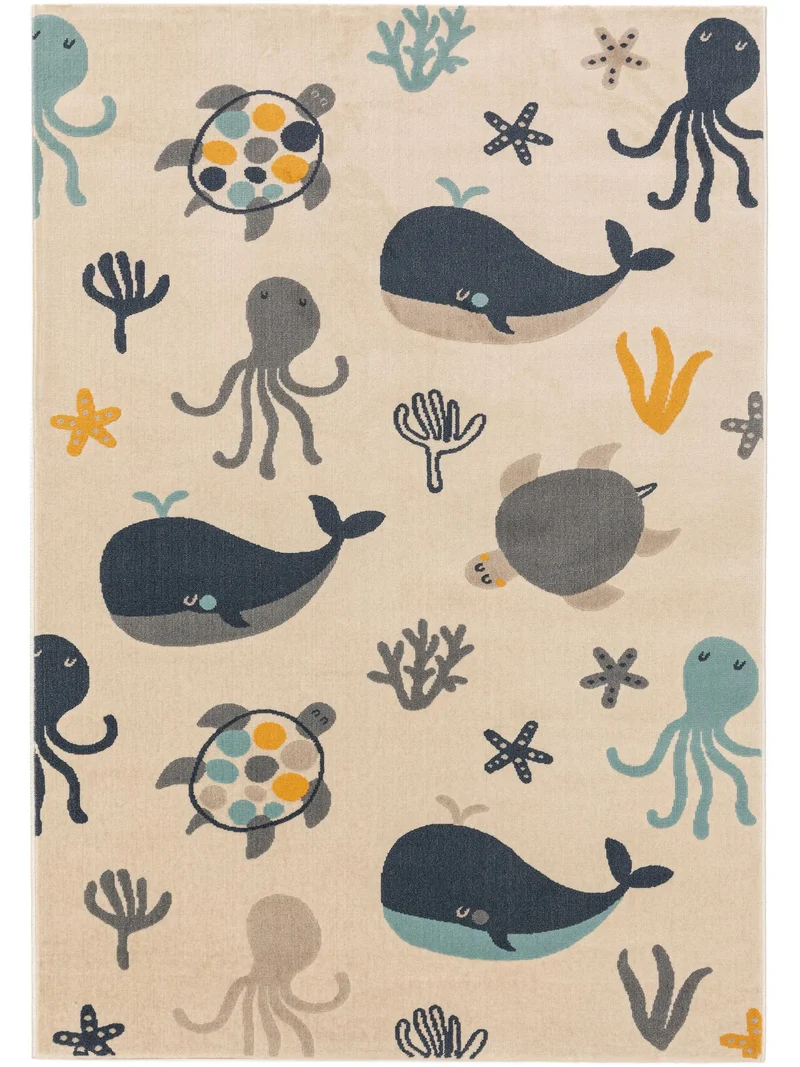 Tapis moderne motif animal pieuvre enfant beige bleu et orange 120x170 cm