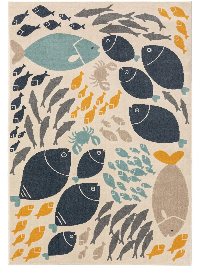 Tapis moderne motif marin enfant beige bleu et orange 120x170 cm