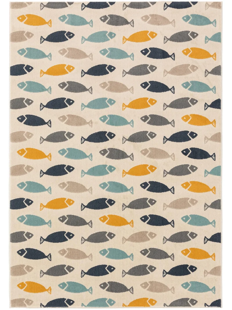 Tapis moderne motif animal poissons enfant beige bleu et orange 120x170 cm