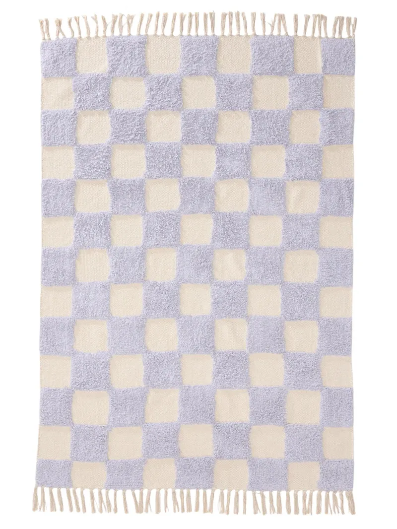 Tapis géométrique damier épais enfant violet et blanc en coton 80x120 cm