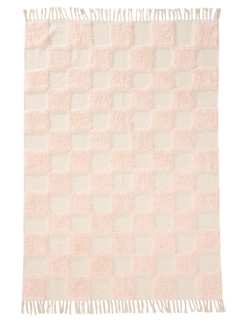 Tapis géométrique damier épais enfant rose et blanc en coton 80x120 cm