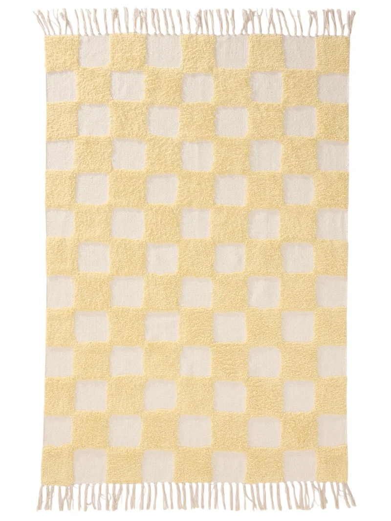 Tapis géométrique damier épais enfant jaune et blanc en coton 120x170 cm