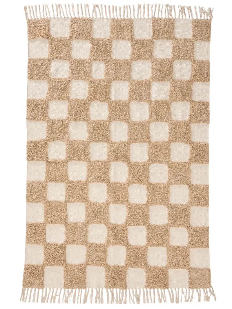 Tapis géométrique damier épais enfant beige et blanc en coton 160x230 cm