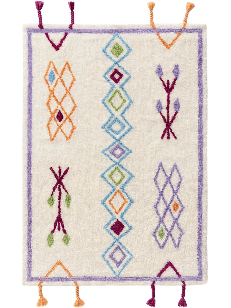 Tapis berbère à franges enfant violet et multicolore en laine 100x150 cm