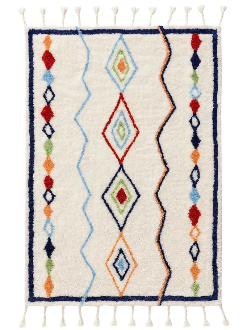 Tapis berbère à franges enfant bleu et multicolore en laine 100x150 cm