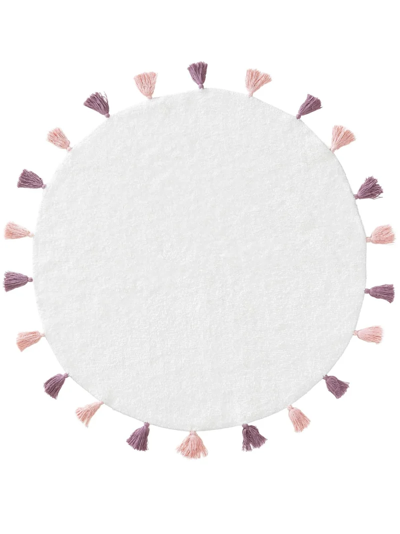 Tapis bohème à franges rond enfant blanc et rose en coton 120 cm de diamètre