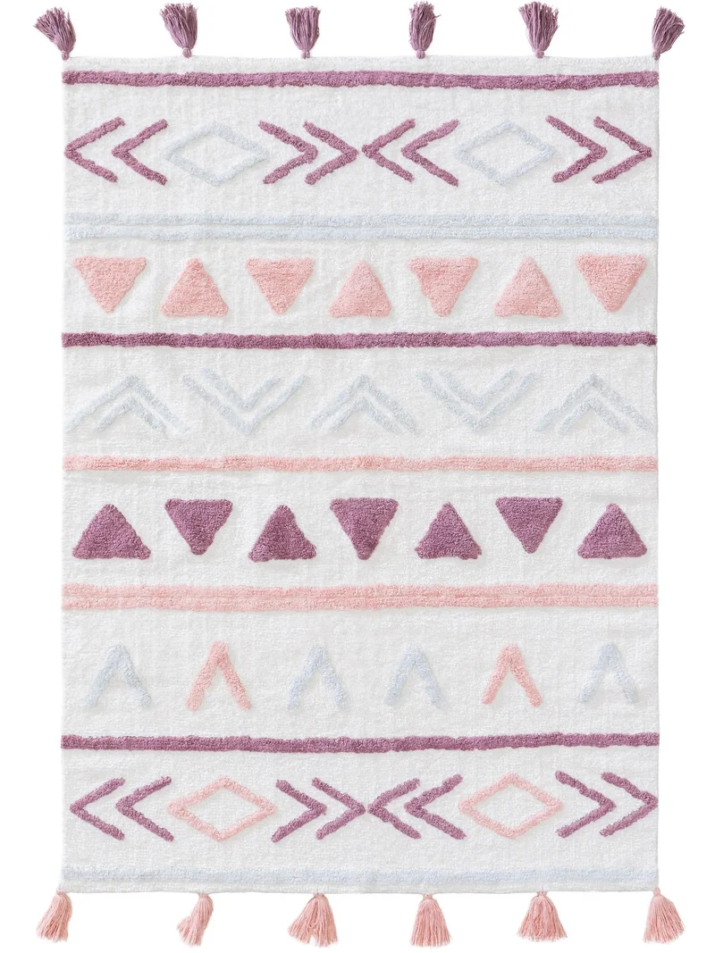 Tapis ethnique style kilim à franges enfant rose et blanc en coton 120x170 cm