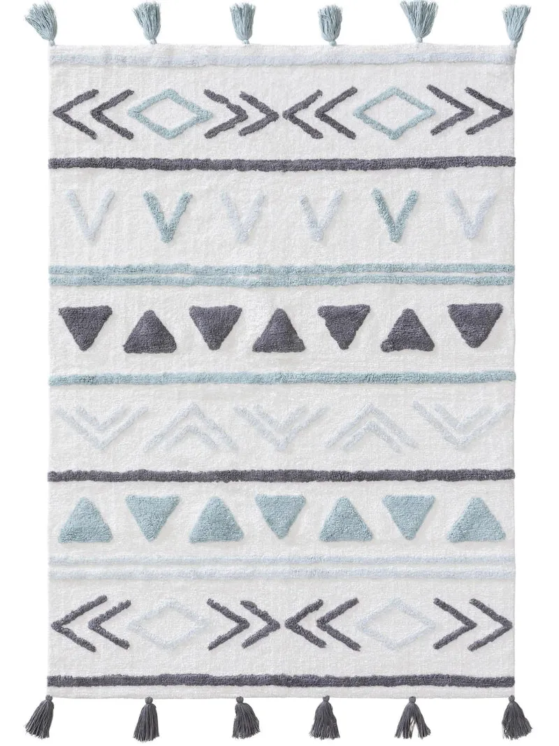 Tapis ethnique style kilim à franges enfant bleu et blanc en coton 80x120 cm