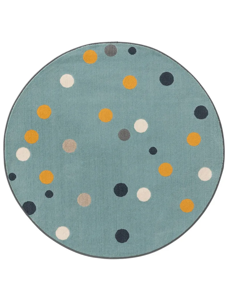 Tapis moderne motif à pois rond enfant bleu et multicolore 120 cm de diamètre