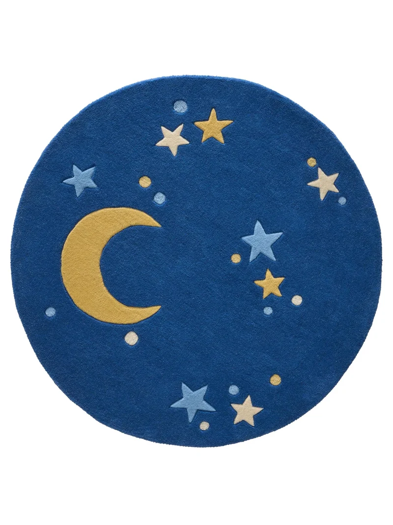 Tapis étoile rond enfant bleu en laine 120 cm de diamètre