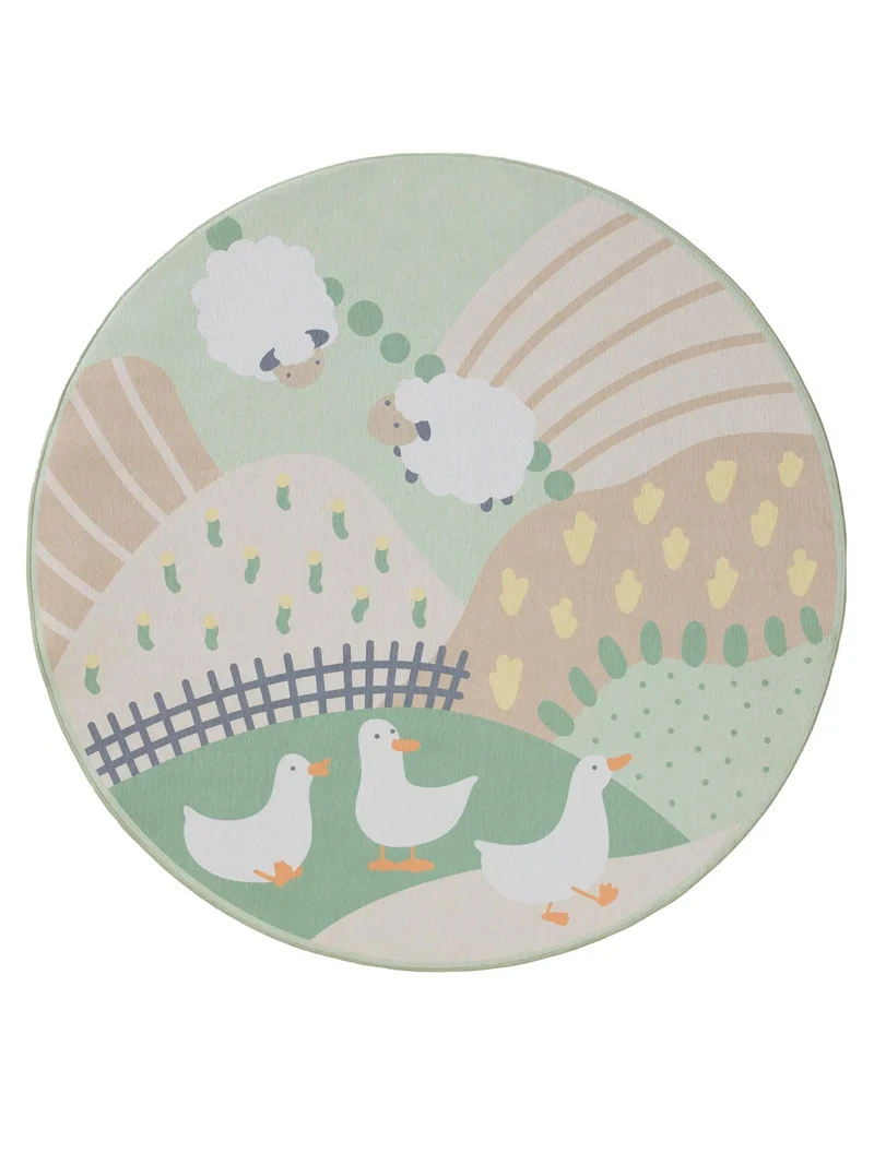Tapis motif ferme rond enfant vert 120 cm de diamètre