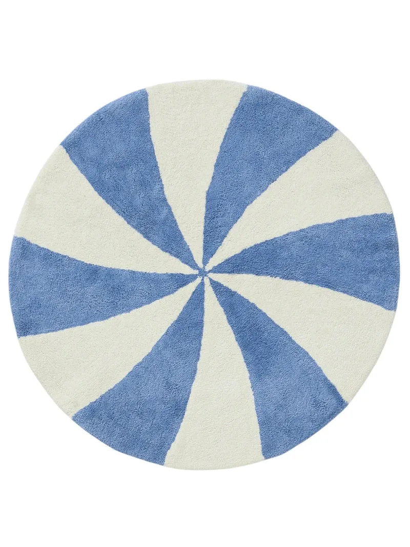 Tapis géométrique cirque rond enfant bleu et blanc en coton 150 cm de diamètre