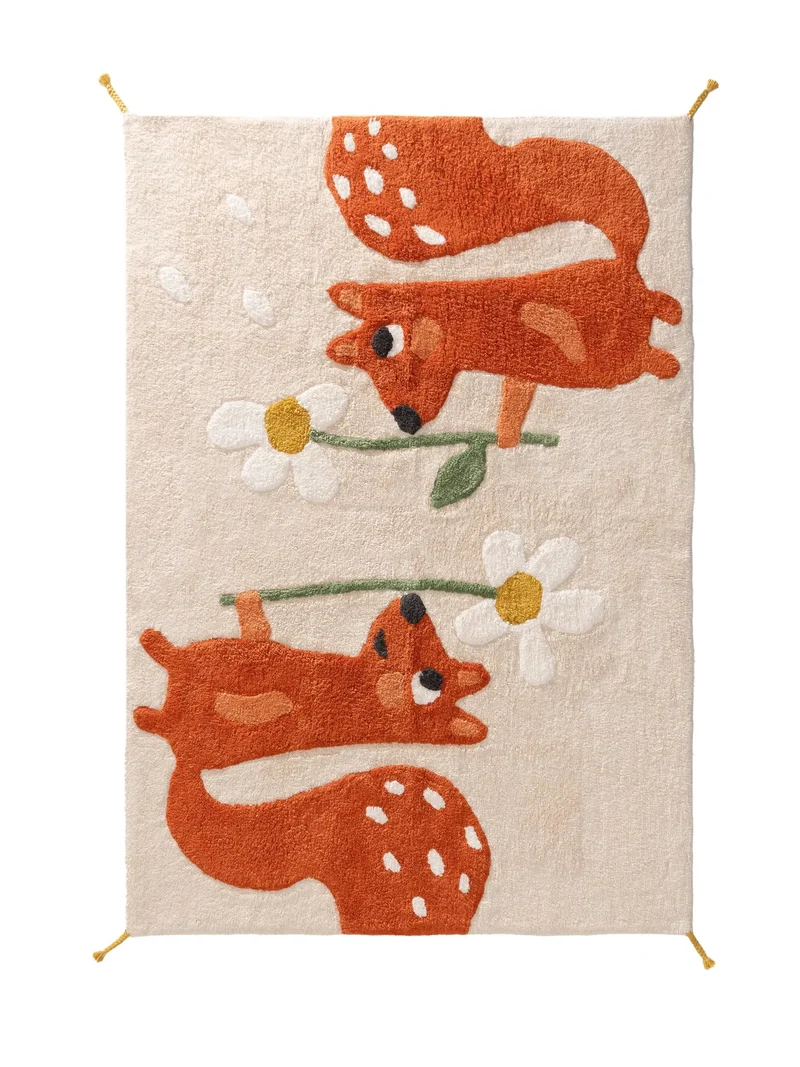 Tapis motif animal écureuil enfant beige et orange en coton 80x120 cm