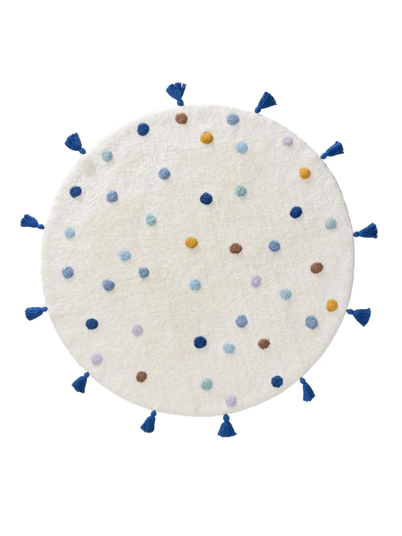 Tapis scandinave à poids avec franges rond enfant blanc et bleu en coton 80 cm de diamètre