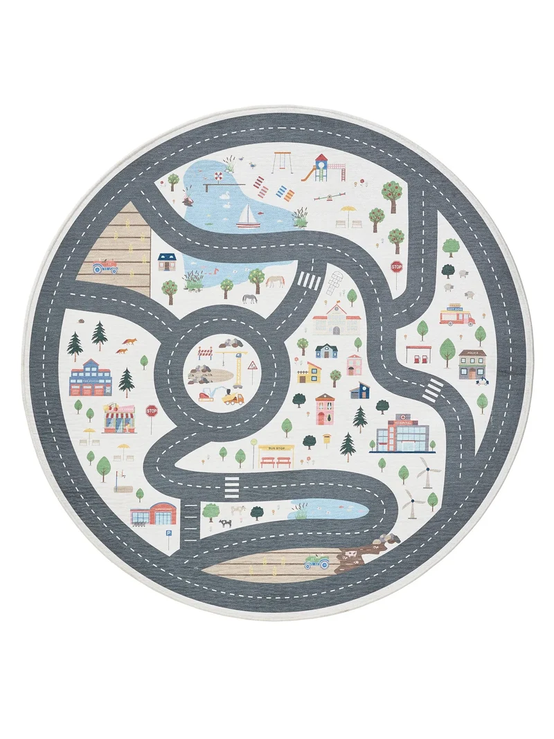 Tapis tapis de jeux voiture rond enfant crème 120 cm de diamètre