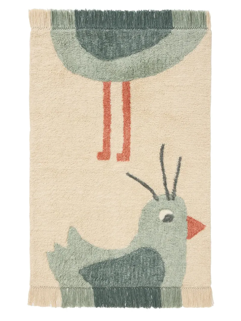Tapis design motif animal oiseau enfant beige et vert d'eau en laine 120x170 cm