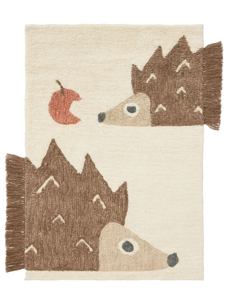 Tapis design motif animal hérisson enfant beige et marron clair en laine 80x120 cm